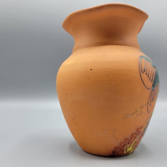 Vintage Hand Painted Terracotta Vase Scenic Design Flared Rim Signed Punta Cana - Picture 6 of 13